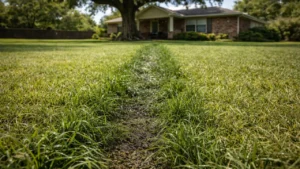 Dark green soggy grass line in a Houston yard indicating a leaking sewer line