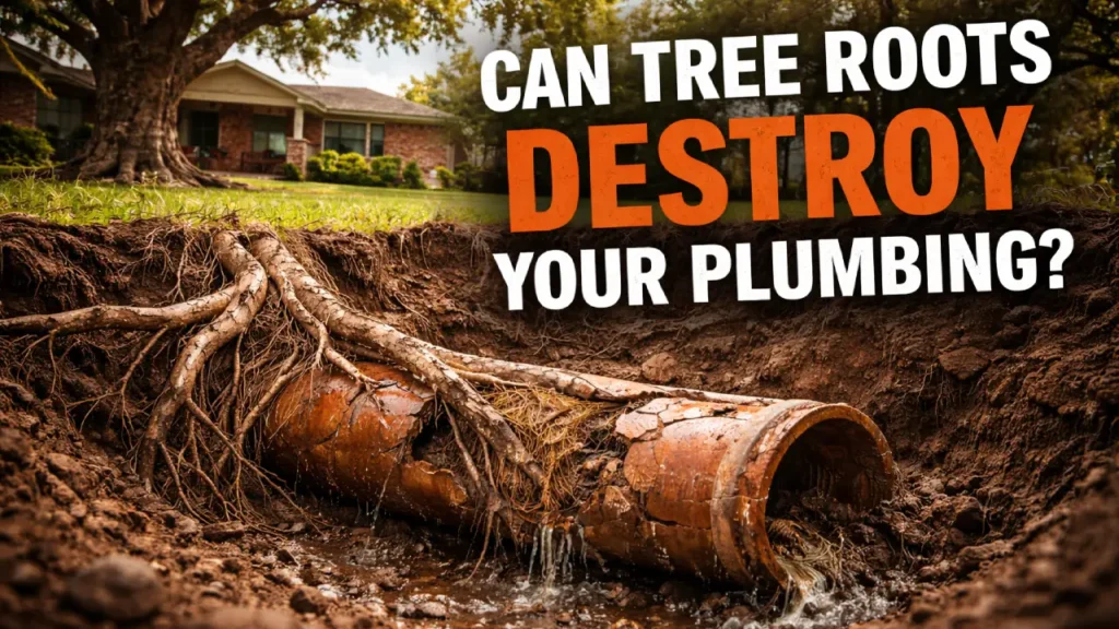 Tree roots breaking into a cracked sewer pipe in a Houston front yard causing plumbing damage