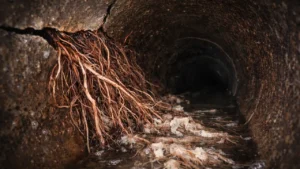 Tree roots growing inside a cracked sewer pipe captured by inspection camera