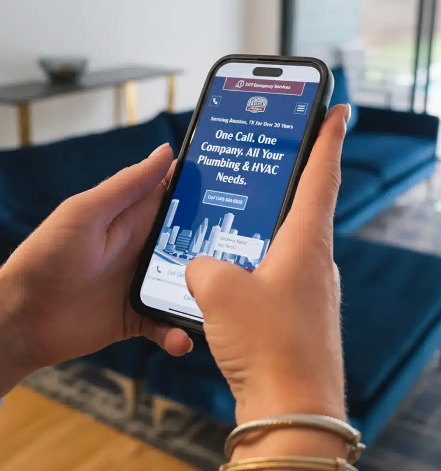 Houston homeowner browsing the Luke's Plumbing & Air Conditioning website to book emergency plumbing service