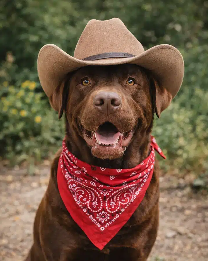 Tupelo, English Labrador mascot of Luke's in Texas attire with cowboy hat and bandana