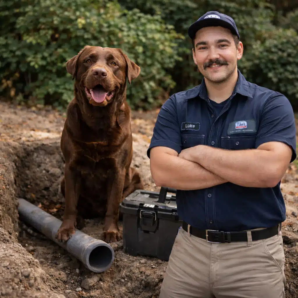 Luke, owner of Luke's Plumbing & Air Conditioning, smiling at a sewer repair job site in Houston with his Lab