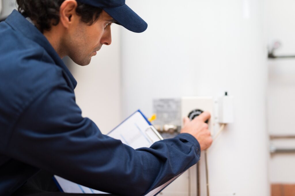 tech performing water heater maintenance in Houston